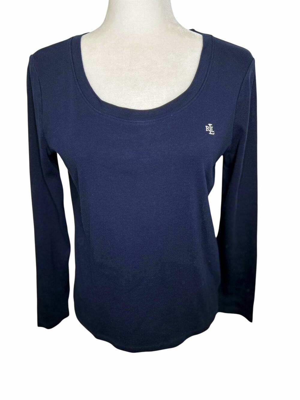 Lauren Ralph Lauren Navy Blue Scoop Neck Long Sleeve Logo Classic Top Large